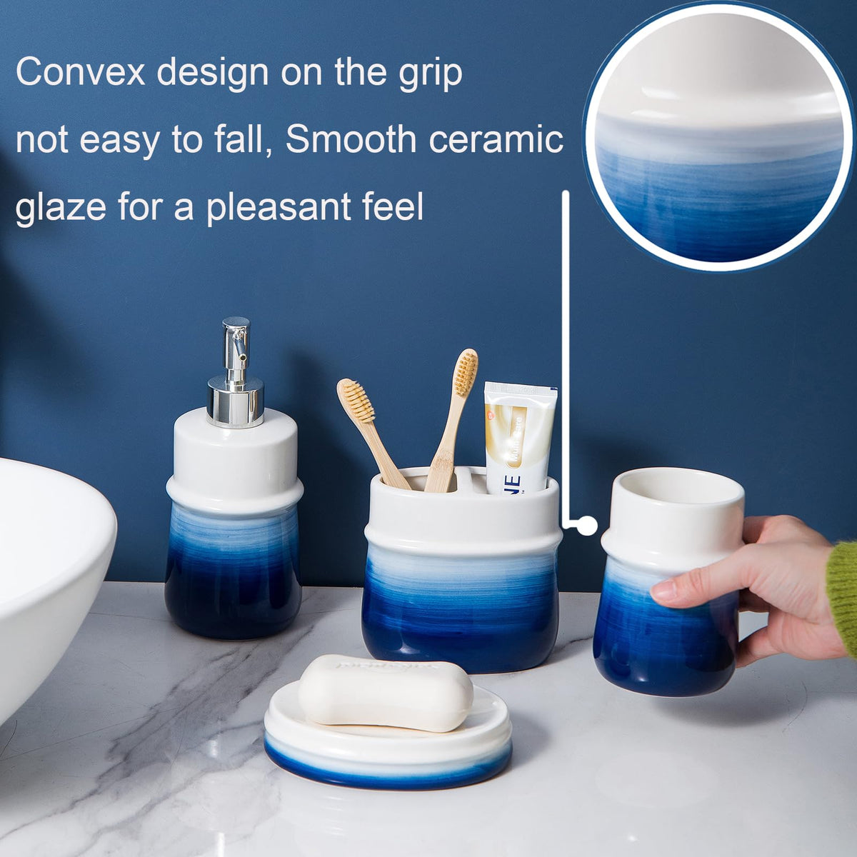 RZCNC toothbrush holder in navy glaze keeping brushes tidy