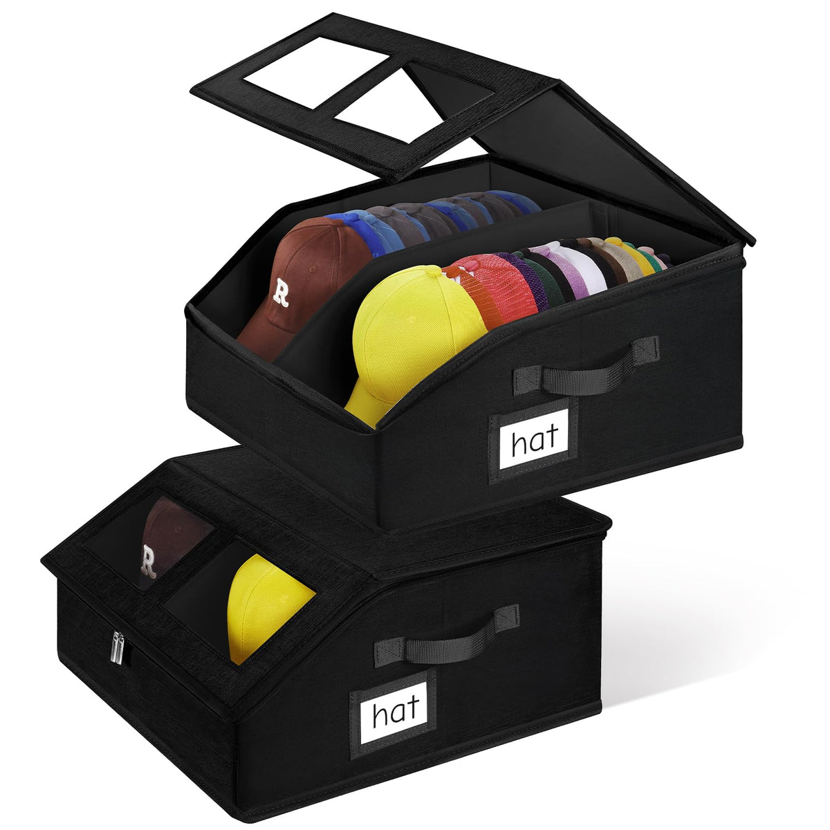 RZMAYIS 2-pack hat storage boxes stacked in a closet maximize cap organization.