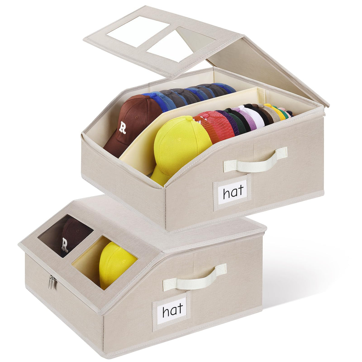 RZMAYIS hat storage 2-pack beige, front view, spacious for up to 24 caps.