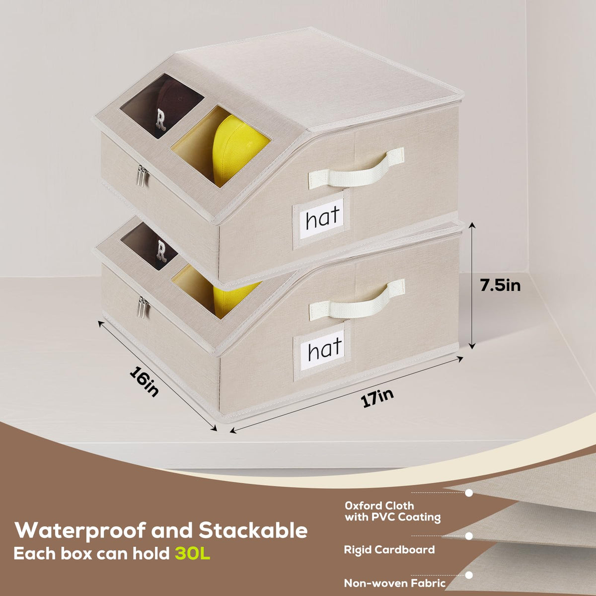 RZMAYIS hat storage 2-pack beige, open divider, adjustable Velcro for customization.