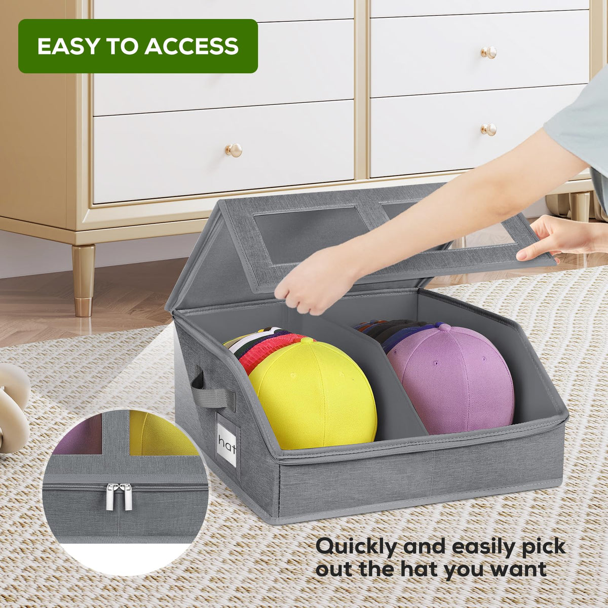 Dual zippers seal the lid for secure and dust-free storage during travel