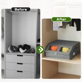 Sturdy handles make transporting stacked hat storage boxes easy between rooms