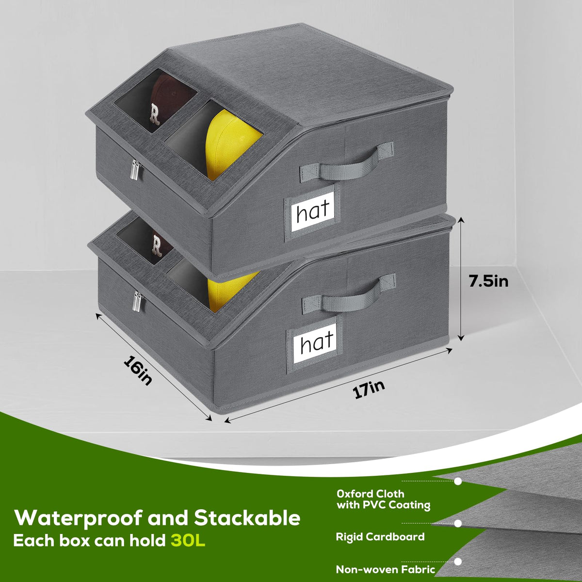 Reinforced cardboard support provides sturdy organization for hats and accessories