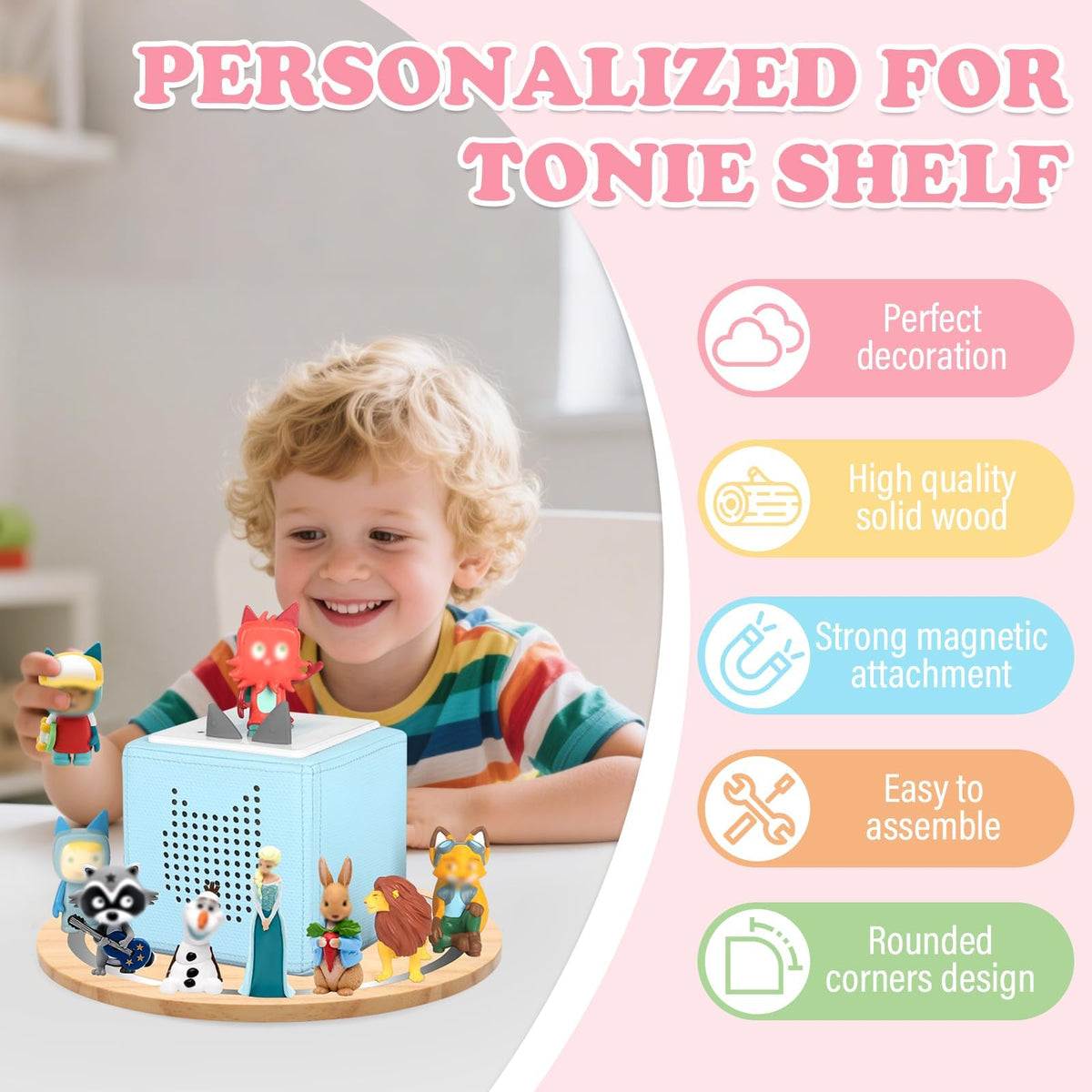 RZYLKA magnetic shelf securely holds Tonies figures on a sturdy wooden board.