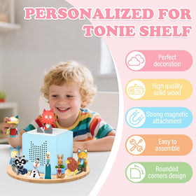 RZYLKA magnetic shelf securely holds Tonies figures on a sturdy wooden board.