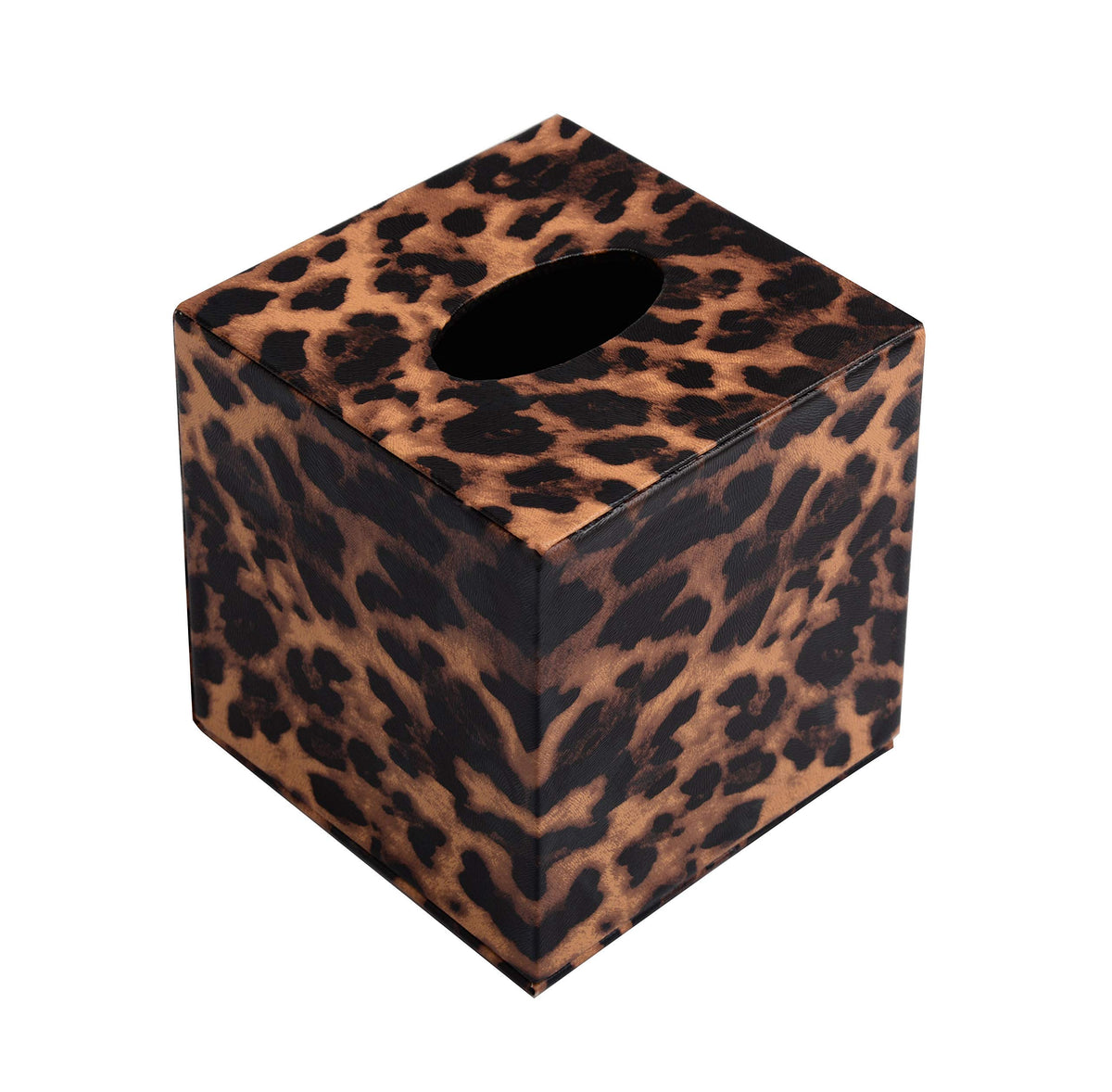 S Forever leopard print tissue box cover adds stylish storage for home or office.