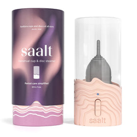 Saalt menstrual cup steamer on counter in rose quartz for quick sanitizing.