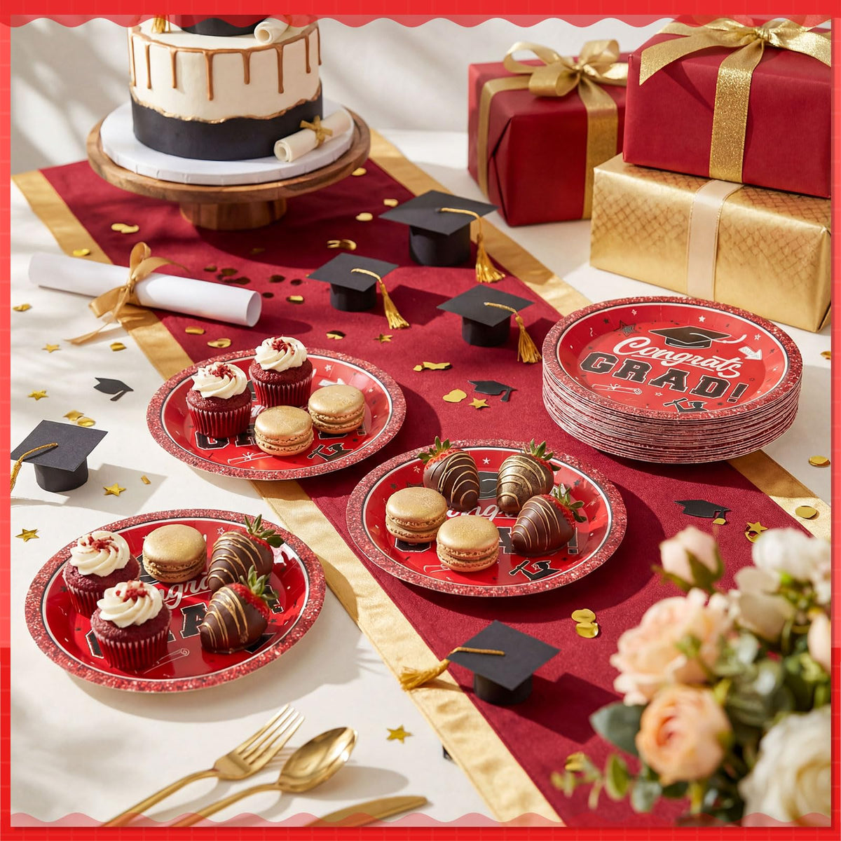 Sabary graduation party setup with red glitter plates for photo-ready decor