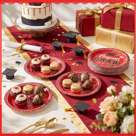 Sabary graduation party setup with red glitter plates for photo-ready decor