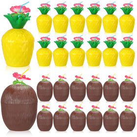 Sabary pineapple cups with lids and hibiscus straws for tropical party decor.