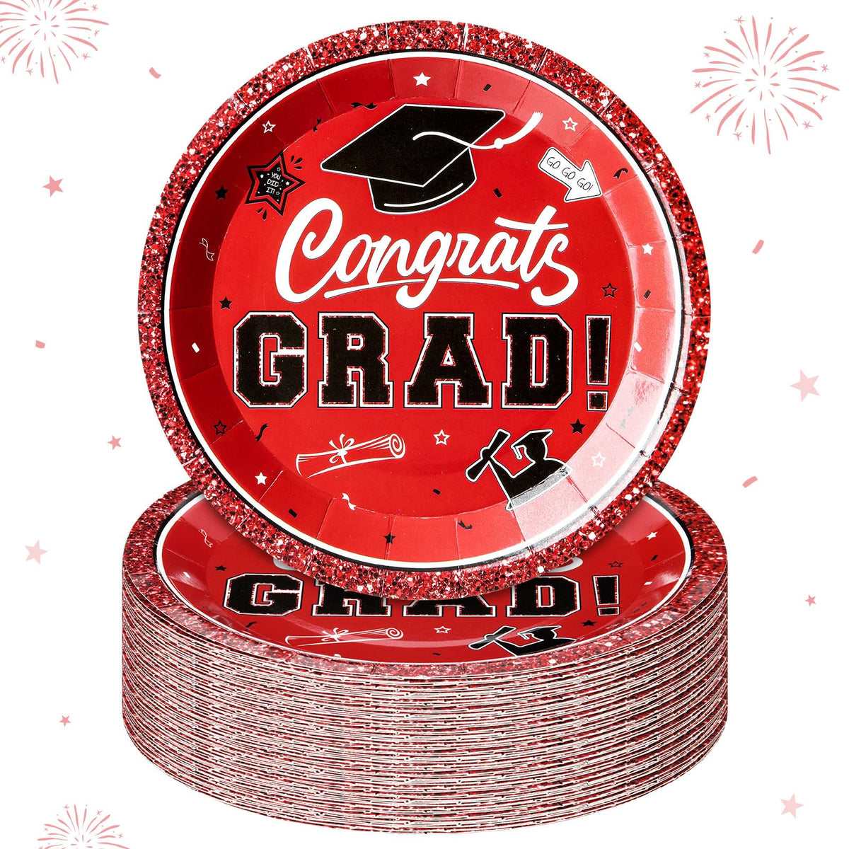 Sabary red glitter graduation plates stacked for an elegant table setting