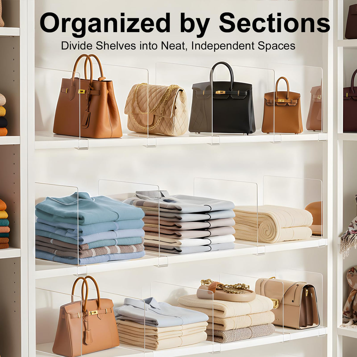 Adjustable shelf dividers maximize vertical space on wood shelves.