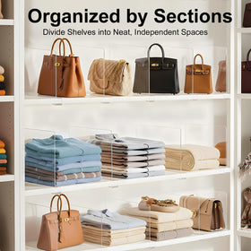 Adjustable shelf dividers maximize vertical space on wood shelves.
