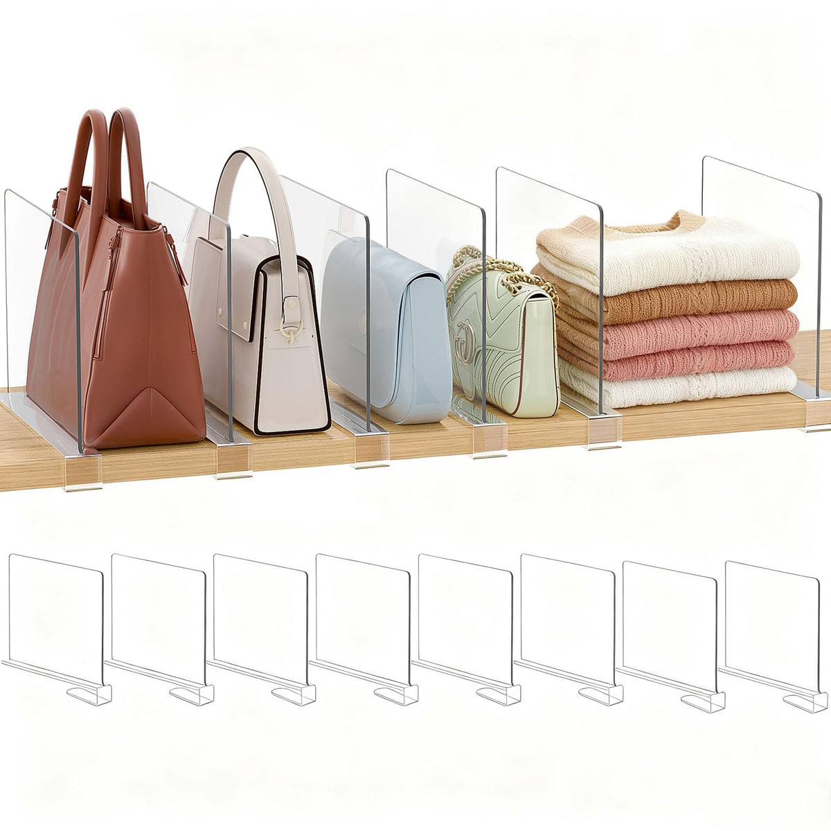 Saccik 8-pack purse organizer dividers on a wooden shelf for neat storage.