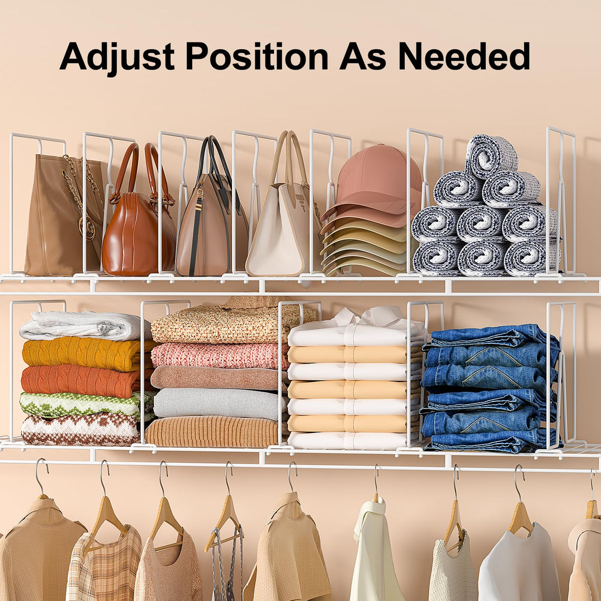 Saccik closet dividers maximize vertical space for sweaters and totes.
