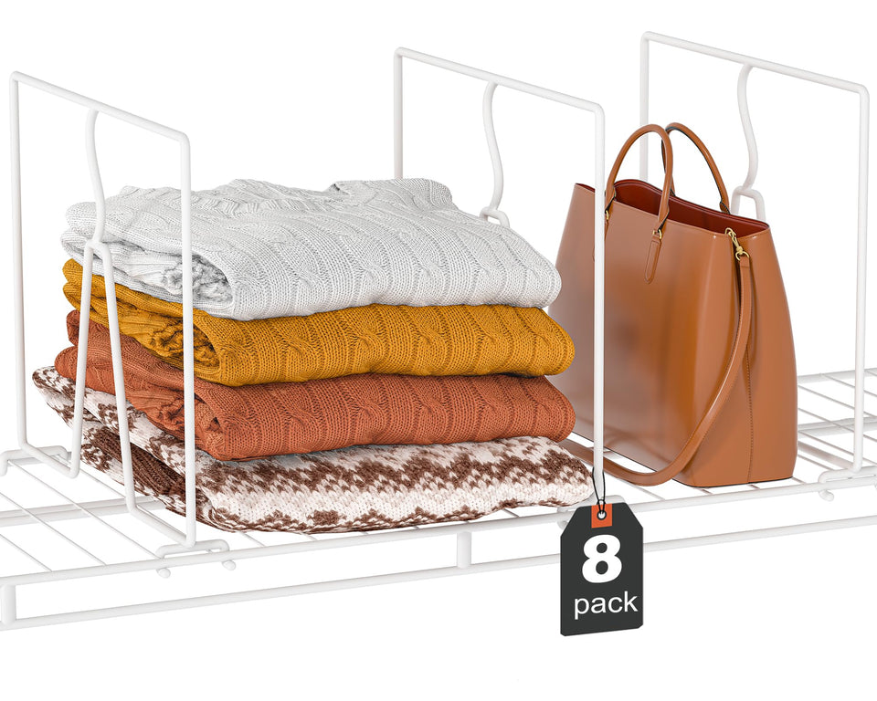Saccik wire shelf dividers stabilize folded sweaters on a 12-inch shelf.