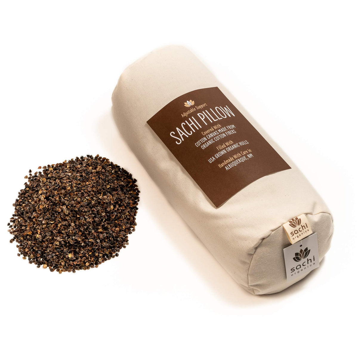 Sachi Organics Buckwheat Cylinder Neck Pillow contours around the neck for firm support.