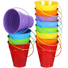 Sadnyy galvanized buckets with handles in rainbow finish for festive party displays.