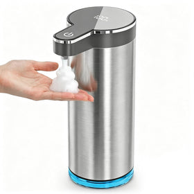 Saertiloki automatic foaming dispenser front view showing touchless operation and sleek brushed silver finish.