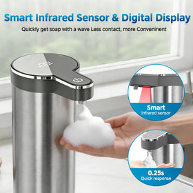 Saertiloki brushed steel dispenser with IPX5 waterproof rating for splash-prone areas.