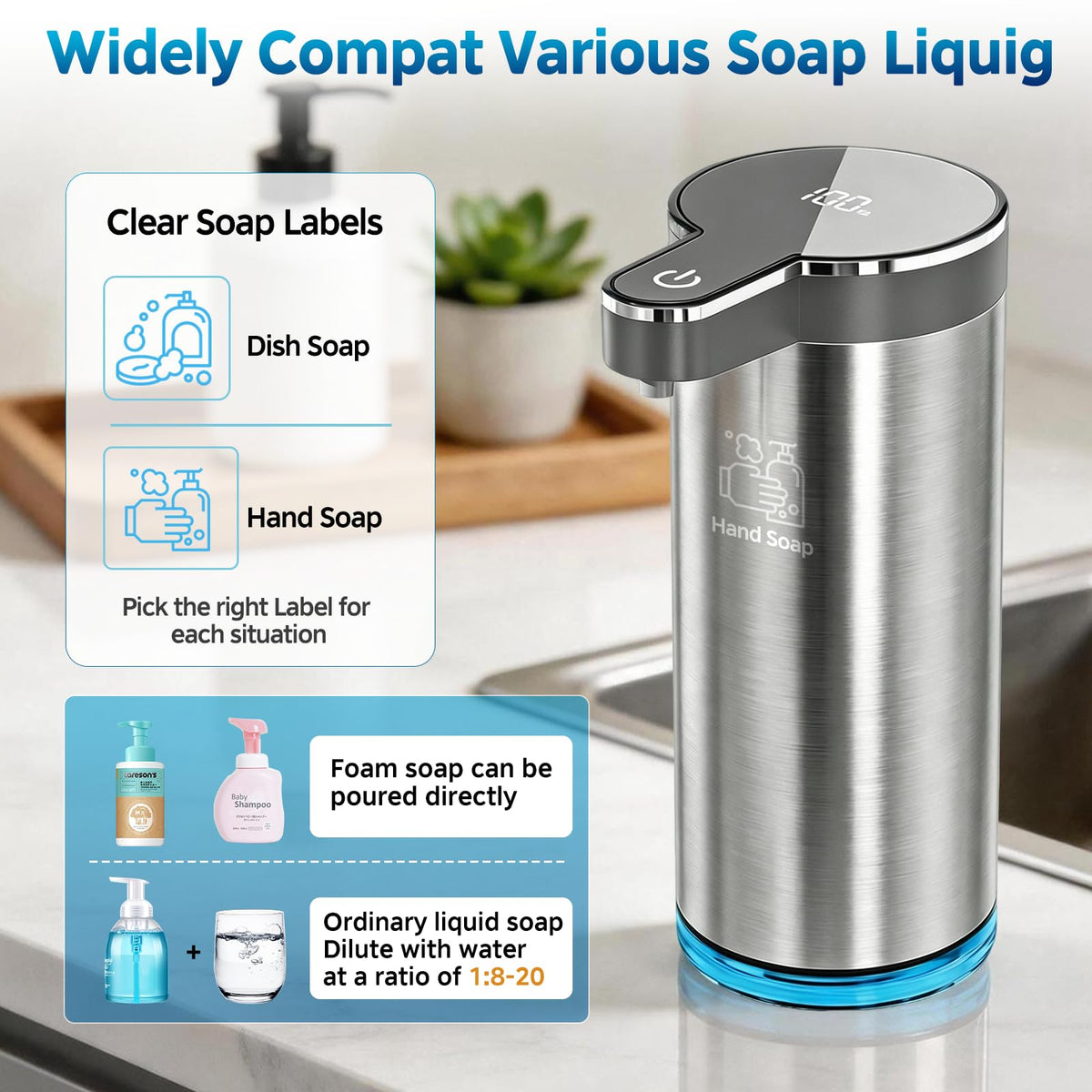 Saertiloki touchless foaming dispenser in kitchen enhances convenience and cleanliness.