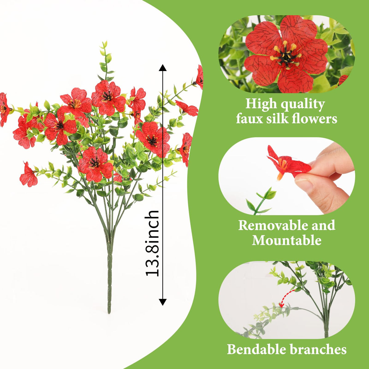 SAEUYVB red outdoor arrangement shows silk petals and eucalyptus leaves for durable display