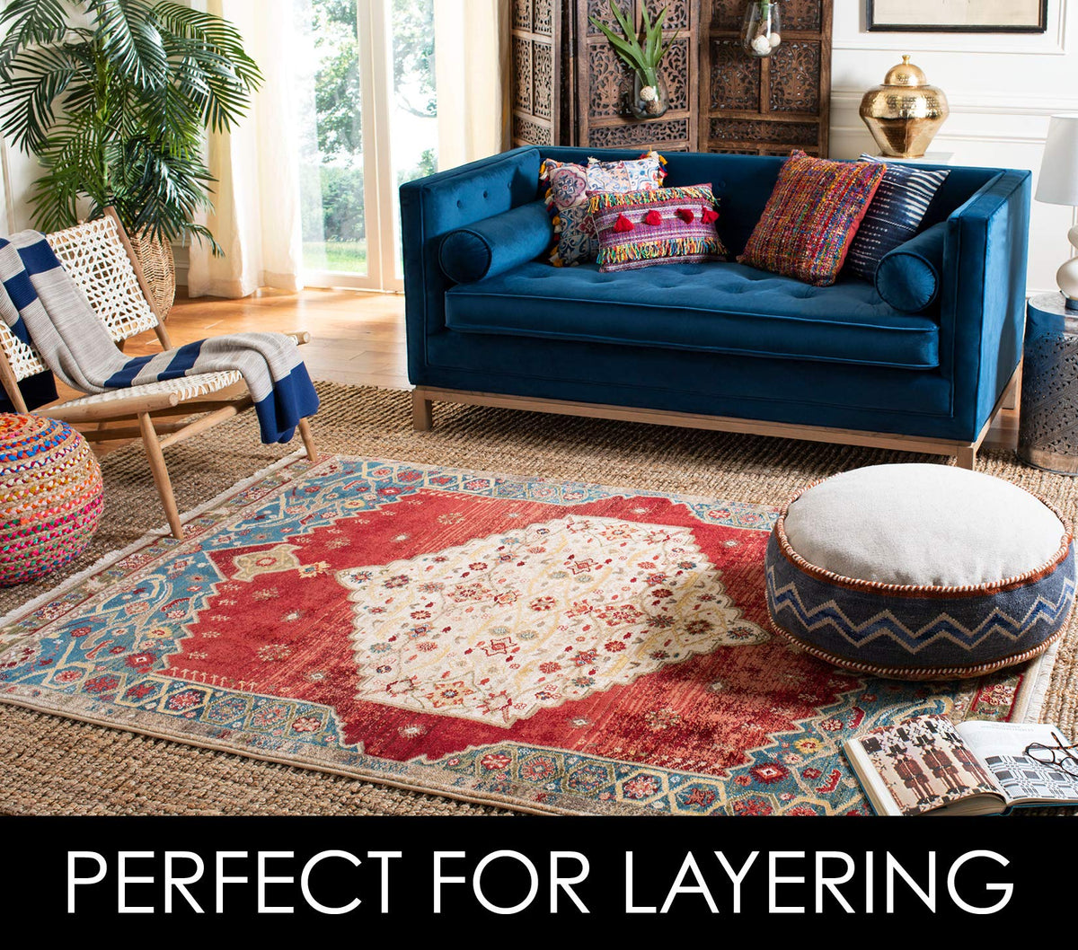 SAFAVIEH jute rug placement under coffee table for open-space definition
