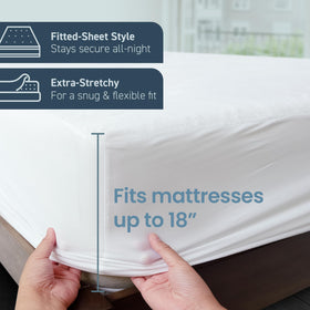 SafeRest fitted-sheet-style protector with elastic band for a snug fit