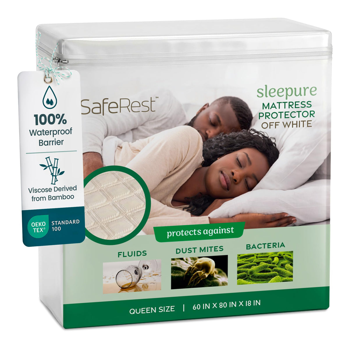 SafeRest waterproof queen mattress protector on bed guarding against spills