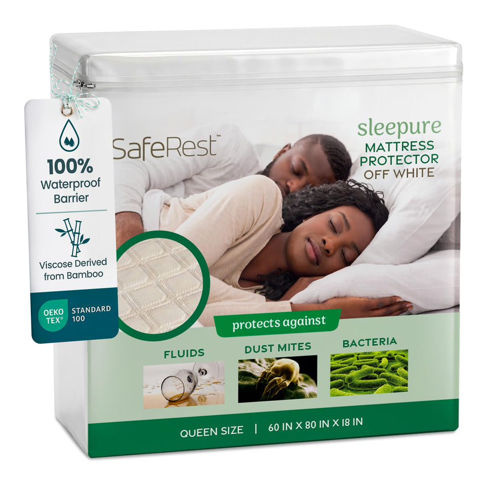 SafeRest waterproof queen mattress protector on bed guarding against spills