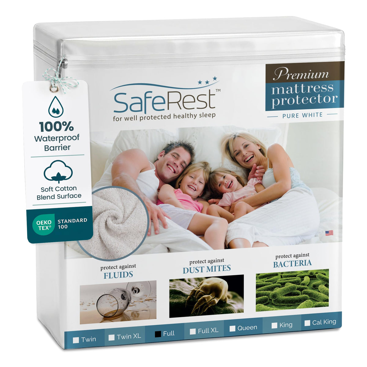 SafeRest waterproof mattress protector with stretch pockets keeps your bed dry.