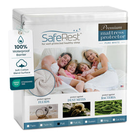 SafeRest waterproof mattress protector with stretch pockets keeps your bed dry.