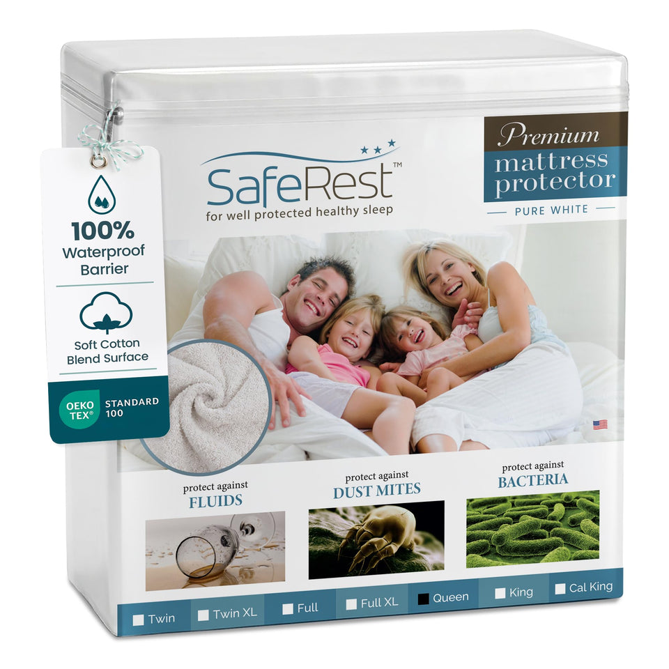 SafeRest waterproof queen protector with stretch pockets keeps your mattress dry overnight