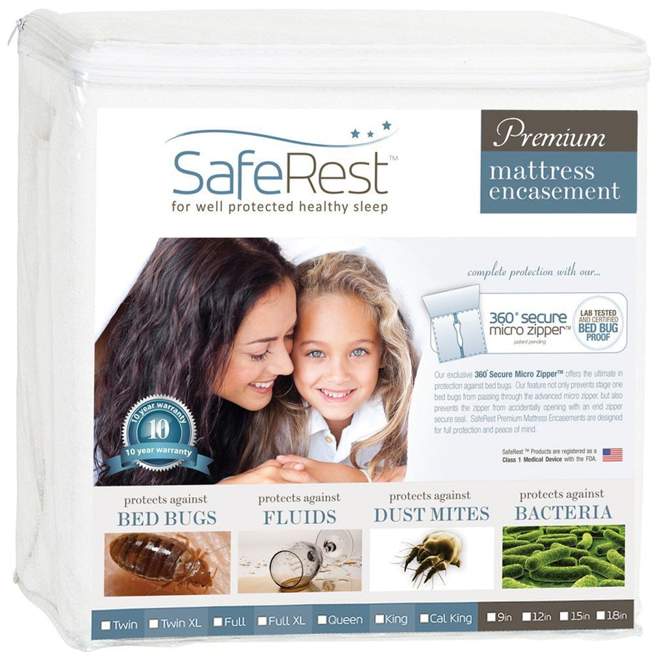 SafeRest zippered mattress protector on bed showing full coverage protection