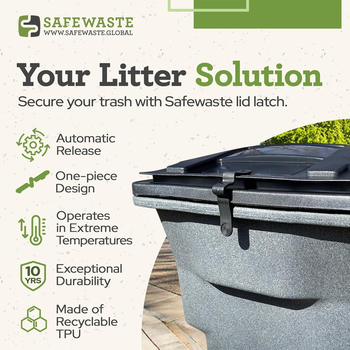 SafeWaste push-clip-lock in action on a trash cart demonstrating wind resistance.