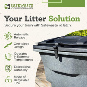 SafeWaste push-clip-lock in action on a trash cart demonstrating wind resistance.