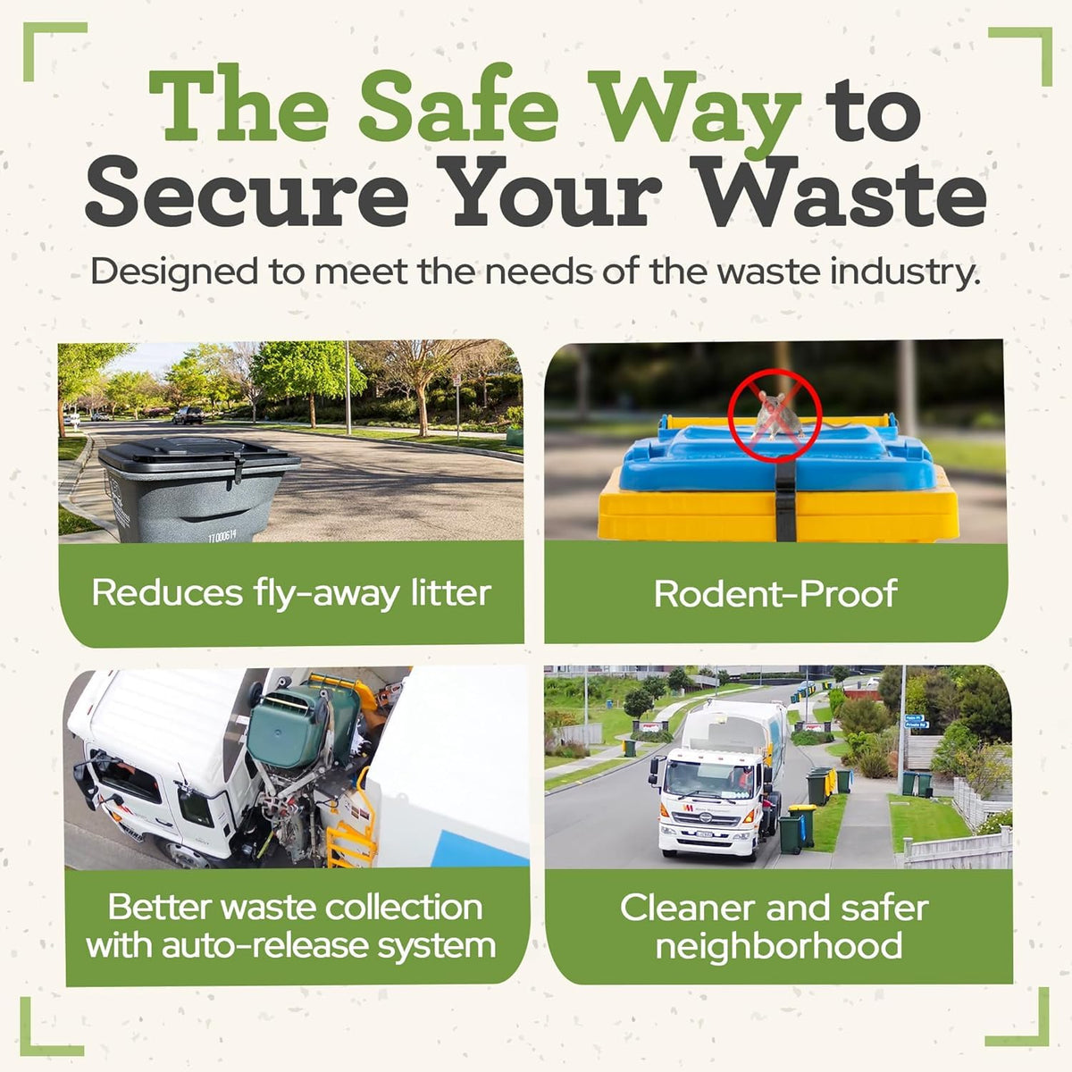 SafeWaste lock on outdoor bin earmarked for waste containment and curbside pickup.