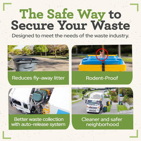 SafeWaste lock on outdoor bin earmarked for waste containment and curbside pickup.