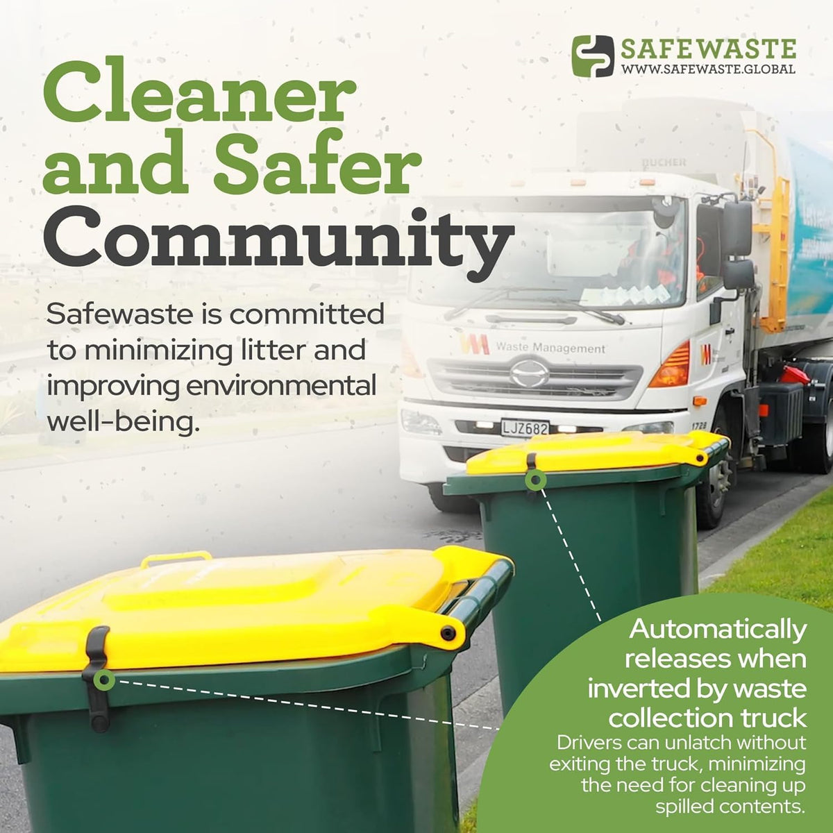 SafeWaste lid latch securing a 96-gallon can during windy day use.