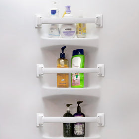 Safoner adjustable RV shower corner storage bar extends and holds bottles securely.