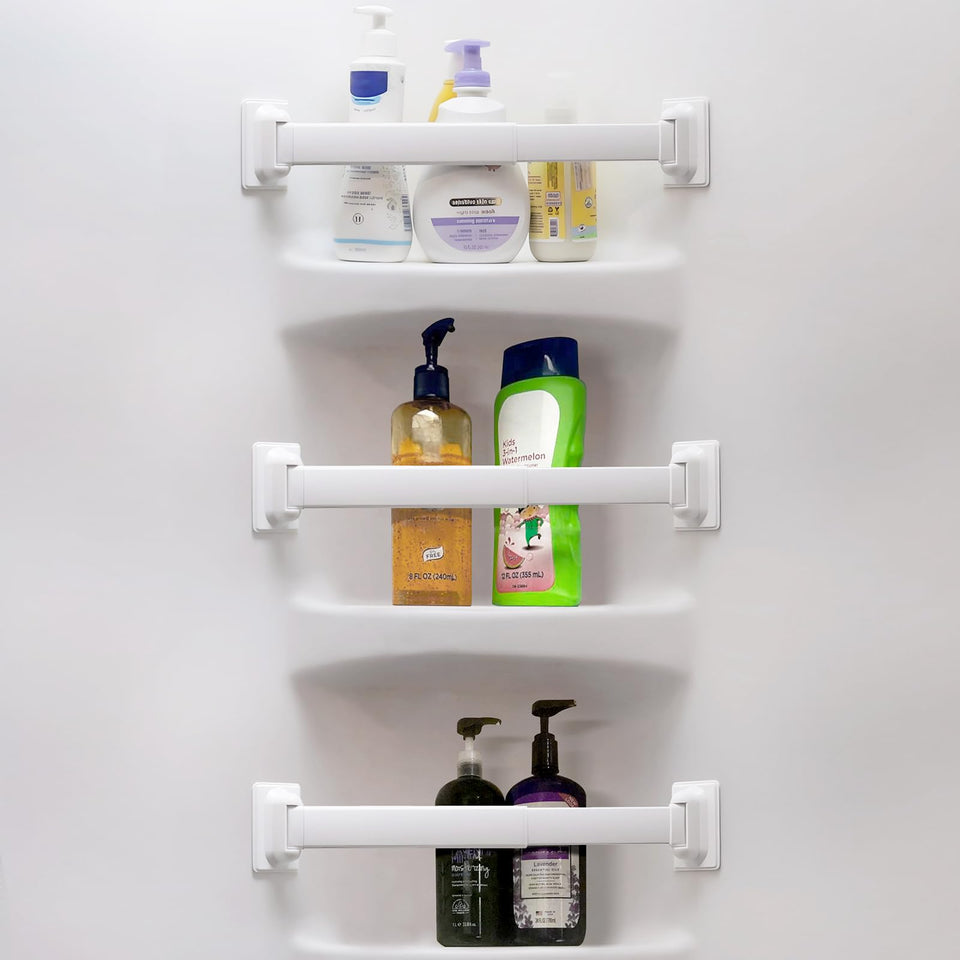 Safoner adjustable RV shower corner storage bar extends and holds bottles securely.
