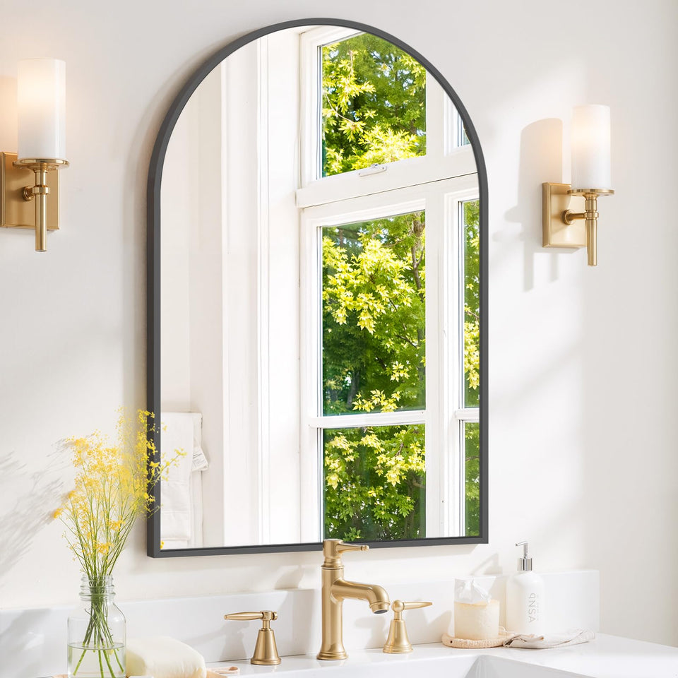 SageNest arched mirror front view shows elegant design and bright reflections for small spaces.