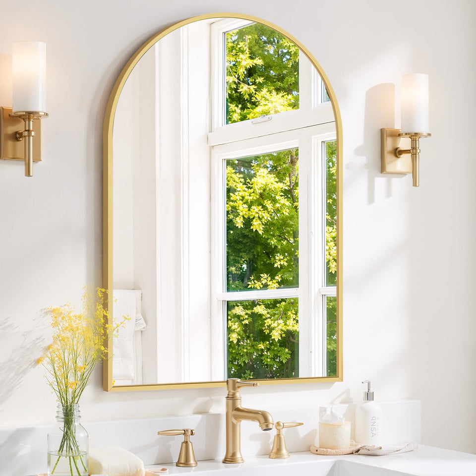 SageNest arched mirror with gold frame brightens bathrooms and entryways