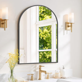 SageNest arched wall mirror with black metal frame brightens compact bathrooms.