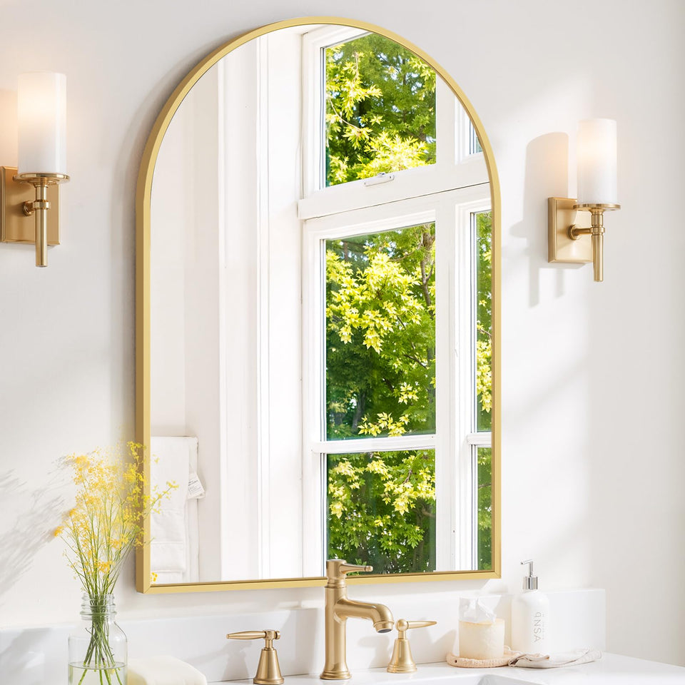 SageNest arched mirror with gold frame enhances small spaces with bright reflections.