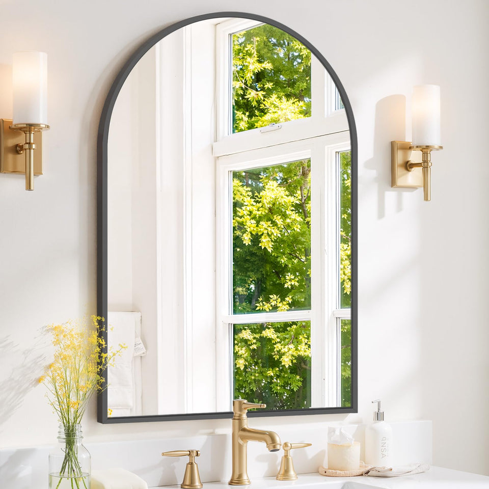 SageNest arched wall mirror front view with black metal frame for modern bathrooms.