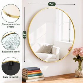 SageNest 24-inch gold round mirror reflects clear images, brightening entryways and dressing areas.