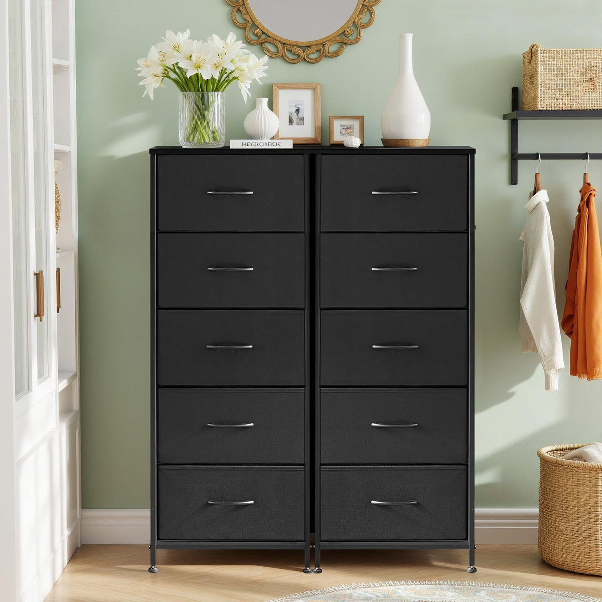 SageNest nightstand fabric drawers keep clothes and accessories neatly stored.