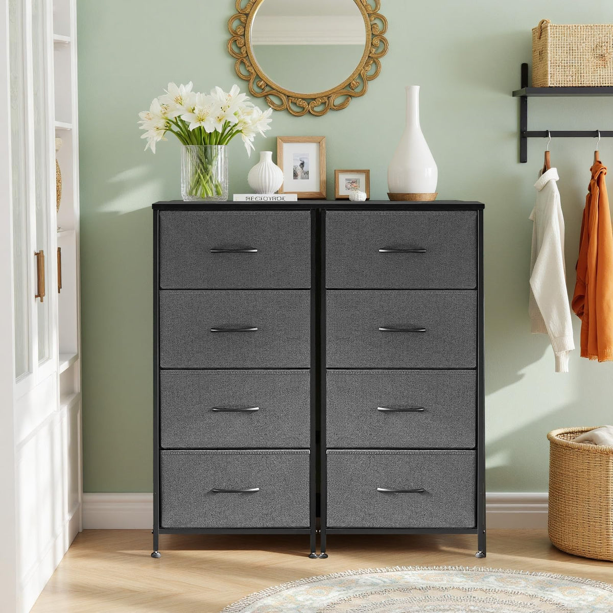 SageNest nightstand four fabric drawers for organized closet or bedroom storage.