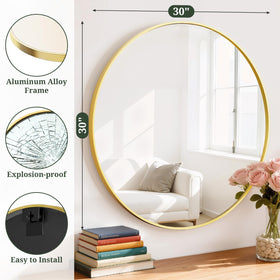 SageNest 30-inch round mirror above entryway console creates welcoming focal point.